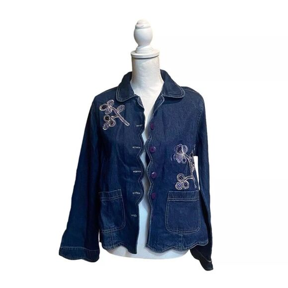 Keren Hart Embroidered Denim‎ Jacket Scalloped Hem Size Small Vintage - Picture 1 of 7